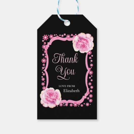 ピンクエレガントローズフローラブラック ギフトタグ (正面)