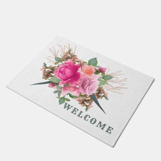 ピンクエレガントローズフローラブーケウェルカム ドアマット (アングル)