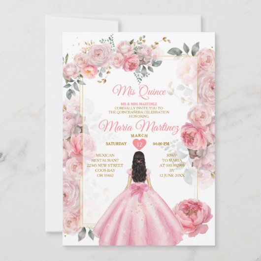 ピンクエレガントローズフローラプリンセスキニャネラ 招待状 (正面)