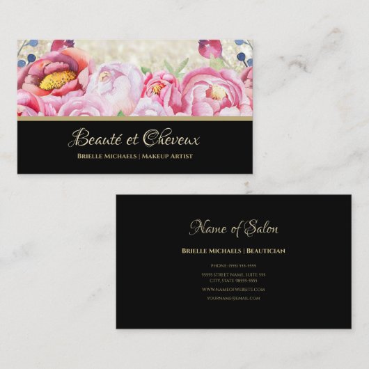 ピンクエレガントローズフローラヘアと美しいサロン 名刺 (正面/裏面)