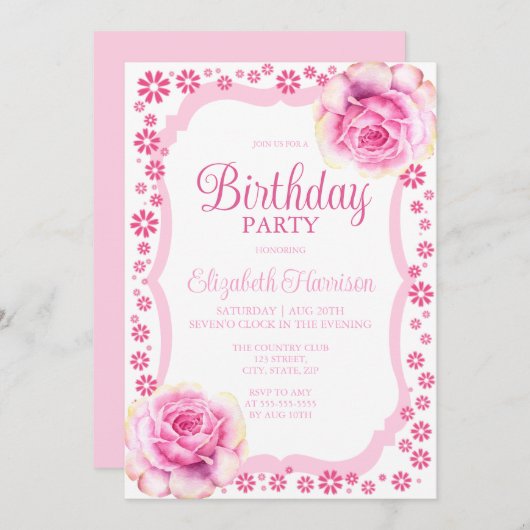 ピンクエレガントローズフローラホワイトバースデーパーティー 招待状 (正面/裏面)