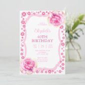 ピンクエレガントローズフローラホワイト40歳の誕生日 招待状 (スタンド正面)