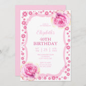 ピンクエレガントローズフローラホワイト40歳の誕生日 招待状 (正面/裏面)
