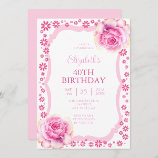 ピンクエレガントローズフローラホワイト40歳の誕生日 招待状 (正面/裏面)