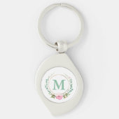 ピンクエレガントローズフローラリースとあなたのモノグラム キーホルダー (正面)