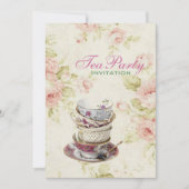 ピンクエレガントローズフローラヴィンテージブライダルティーパーティー 招待状 (正面)