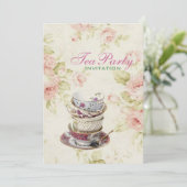 ピンクエレガントローズフローラヴィンテージブライダルティーパーティー 招待状 (スタンド正面)