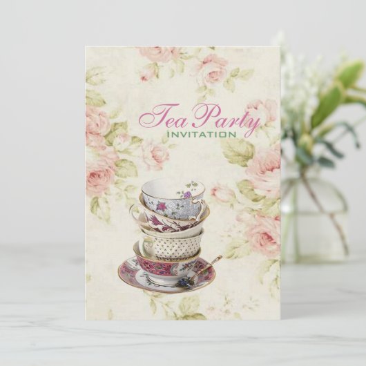 ピンクエレガントローズフローラヴィンテージブライダルティーパーティー 招待状 (スタンド正面)