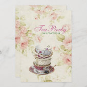 ピンクエレガントローズフローラヴィンテージブライダルティーパーティー 招待状 (正面/裏面)