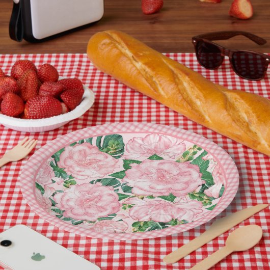 ピンクエレガントローズフローラ夏パーティー ペーパープレート (ピクニック)