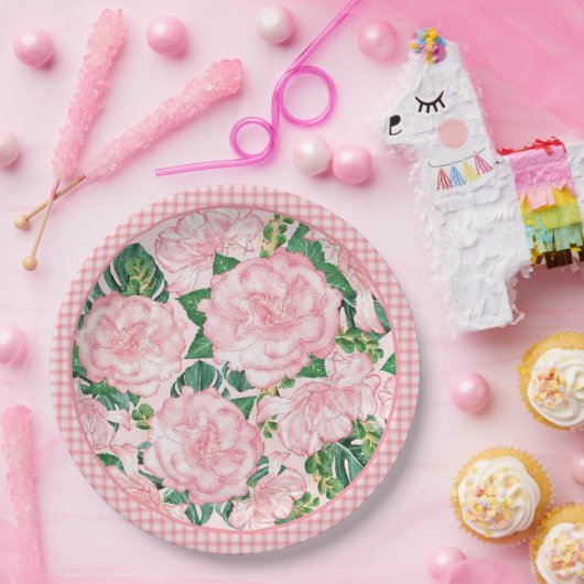 ピンクエレガントローズフローラ夏パーティー ペーパープレート (パーティー)