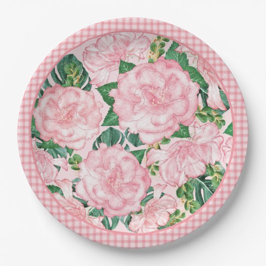 ピンクエレガントローズフローラ夏パーティー ペーパープレート (正面)