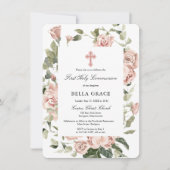 ピンクエレガントローズフローラ第一聖餐式 招待状 (正面)