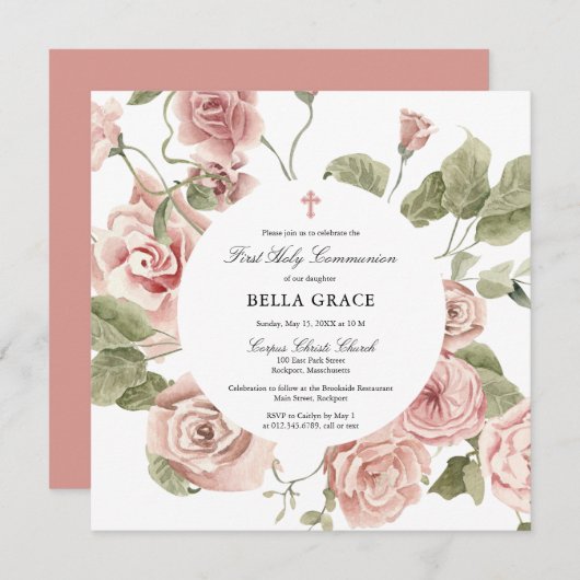 ピンクエレガントローズフローラ第一聖餐式 招待状 (正面/裏面)