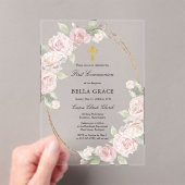 ピンクエレガントローズフローラ第1聖餐式 アクリル招待状 (インサイチュ (ポータブル))