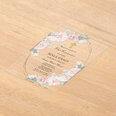 ピンクエレガントローズフローラ第1聖餐式 アクリル招待状 (レイダウン)