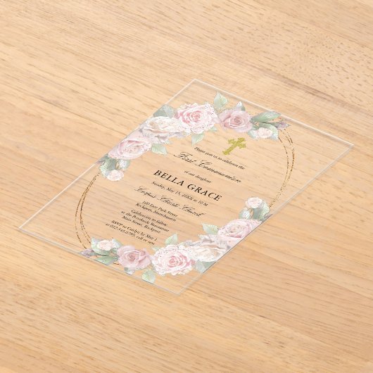 ピンクエレガントローズフローラ第1聖餐式 アクリル招待状 (レイダウン)