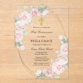 ピンクエレガントローズフローラ第1聖餐式 アクリル招待状 (正面)