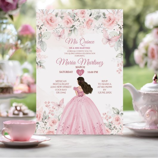 ピンクエレガントローズフローラ第16メキシカンキアニェラ 招待状
