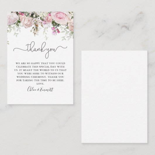 ピンクエレガントローズフローラ結婚の感謝 プレイスカード (正面/裏面)