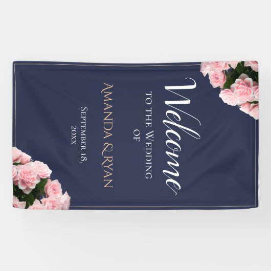ピンクエレガントローズフローラ結婚ズ・ウェルカム 横断幕 (横)