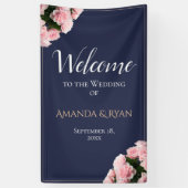 ピンクエレガントローズフローラ結婚ズ・ウェルカム 横断幕 (縦)