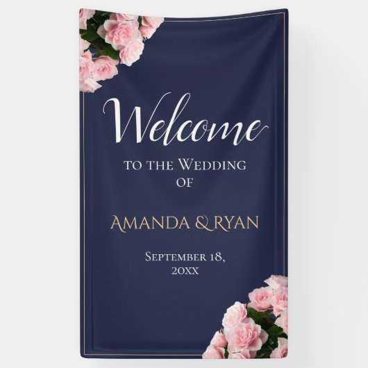 ピンクエレガントローズフローラ結婚ズ・ウェルカム 横断幕 (縦)