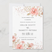 ピンクエレガントローズフローラ葉金ゴールド 招待状 (正面)