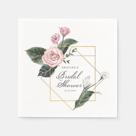 ピンクエレガントローズフローラ金ゴールドフレームブライダルシャワー スタンダードカクテルナプキン (正面)