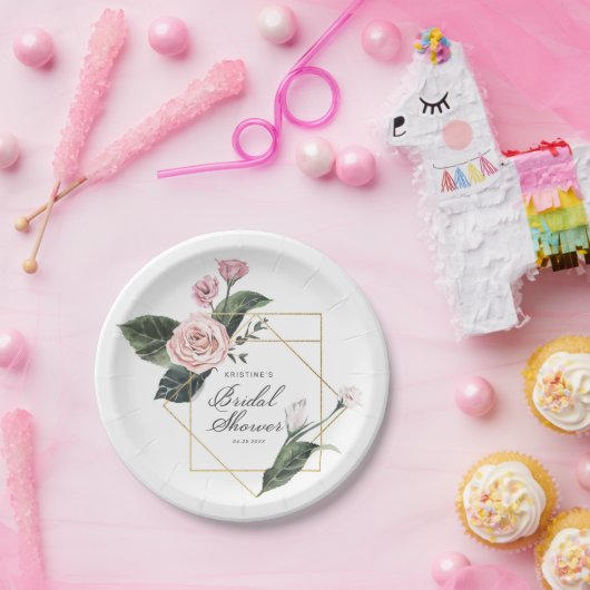 ピンクエレガントローズフローラ金ゴールドフレームブライダルシャワー ペーパープレート (パーティー)