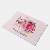 ピンクエレガントローズフローラ金ゴールドブーケ歓迎 ドアマット (アングル)