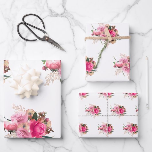 ピンクエレガントローズフローラ金ゴールドブーケ ラッピングペーパーシート (正面)