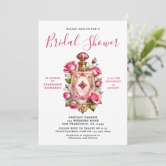 ピンクエレガントローズフローラ香料ブライダルシャワー 招待状 (スタンド正面)