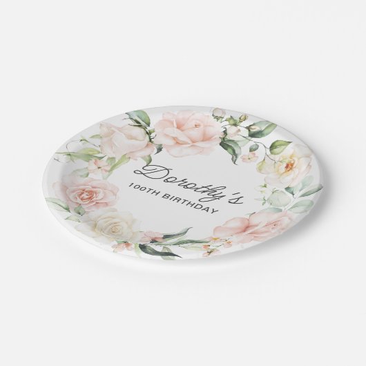 ピンクエレガントローズフローラ100番誕生日 ペーパープレート (アングル)