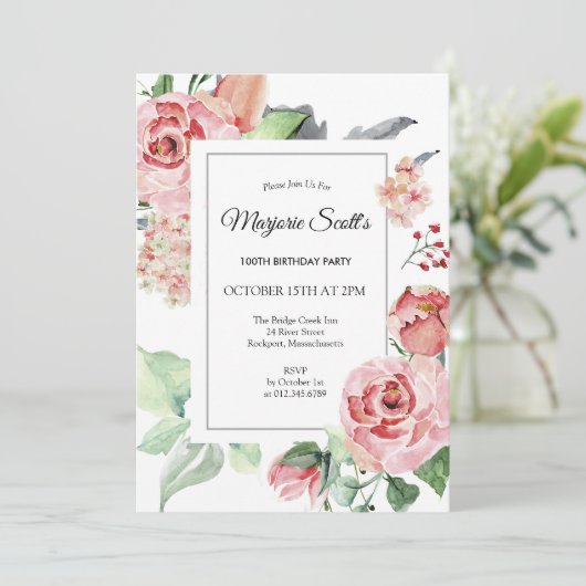 ピンクエレガントローズフローラ100th誕生日パーティー 招待状 (スタンド正面)
