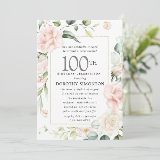 ピンクエレガントローズフローラ100th誕生日パーティー 招待状 (スタンド正面)