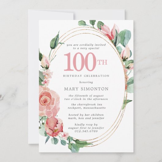ピンクエレガントローズフローラ100th誕生日パーティー 招待状 (正面)