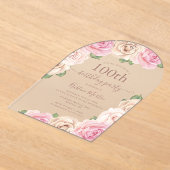 ピンクエレガントローズフローラ3月100日バースデーパーティー アクリル招待状 (レイダウン)