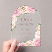 ピンクエレガントローズフローラ3月100日バースデーパーティー アクリル招待状 (インサイチュ (ポータブル))
