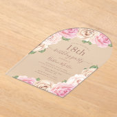 ピンクエレガントローズフローラ3月18日バースデーパーティー アクリル招待状 (レイダウン)