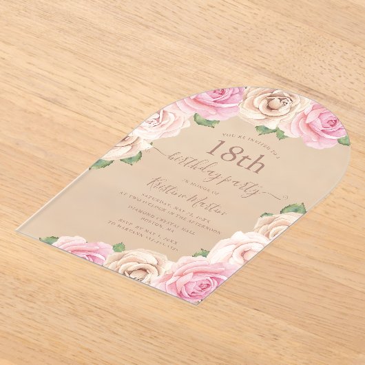ピンクエレガントローズフローラ3月18日バースデーパーティー アクリル招待状 (レイダウン)