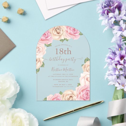 ピンクエレガントローズフローラ3月18日バースデーパーティー アクリル招待状 (インサイチュ (ウェディング))