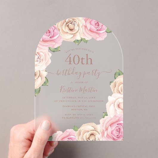 ピンクエレガントローズフローラ3月40日パーティー アクリル招待状 (インサイチュ (ポータブル))