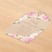 ピンクエレガントローズフローラ3月75日バースデーパーティー アクリル招待状 (レイダウン)