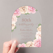 ピンクエレガントローズフローラ3月80日バースデーパーティー アクリル招待状 (インサイチュ (ポータブル))