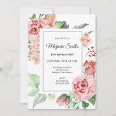 ピンクエレガントローズフローラ40歳の誕生日パーティー 招待状 (正面)