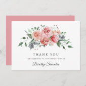 ピンクエレガントローズフローラ40th誕生日フラット サンキューカード (正面/裏面)