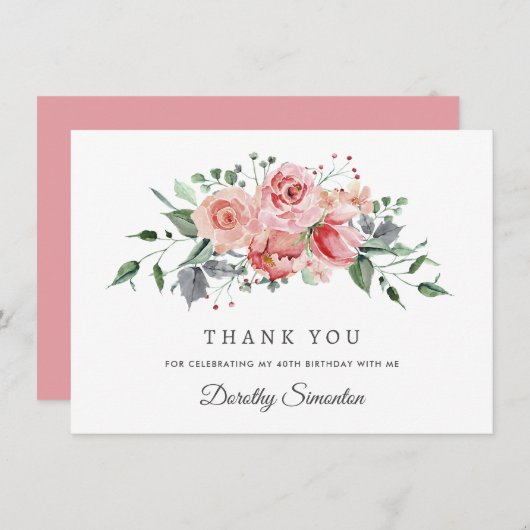 ピンクエレガントローズフローラ40th誕生日フラット サンキューカード (正面/裏面)