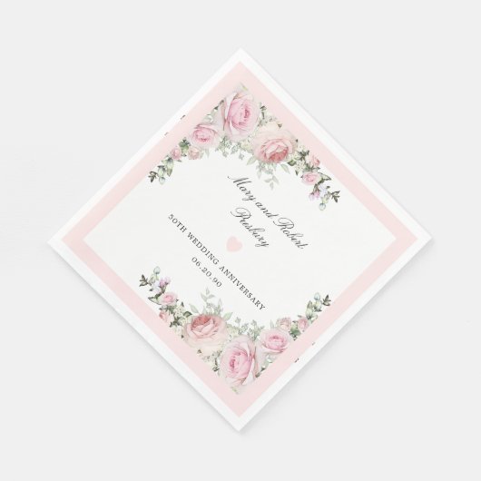 ピンクエレガントローズフローラ50結婚周年 スタンダードランチョンナプキン (角)