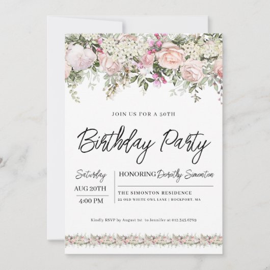 ピンクエレガントローズフローラ50誕生日 招待状 (正面)